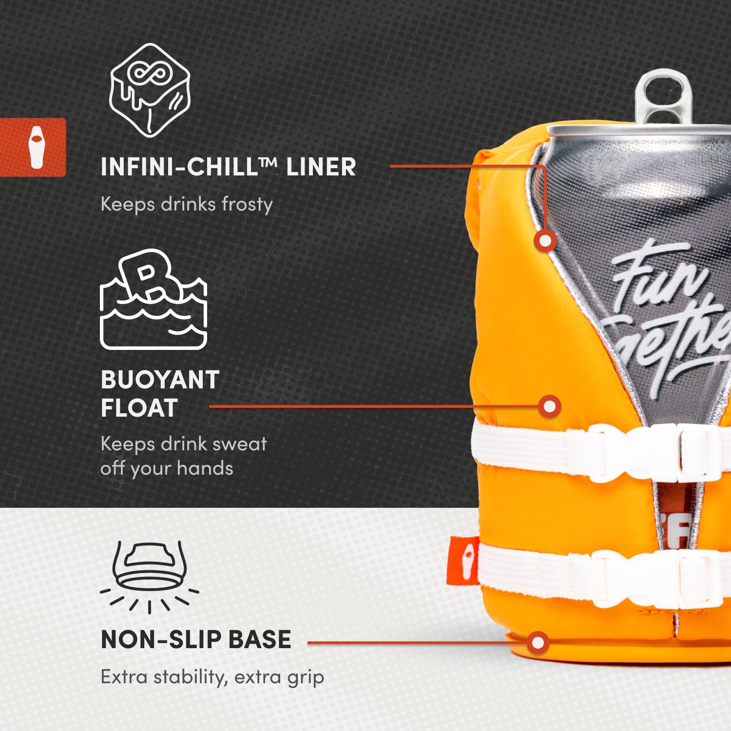 Puffin Buoy Life Vest apricot color on a sunny beach scene