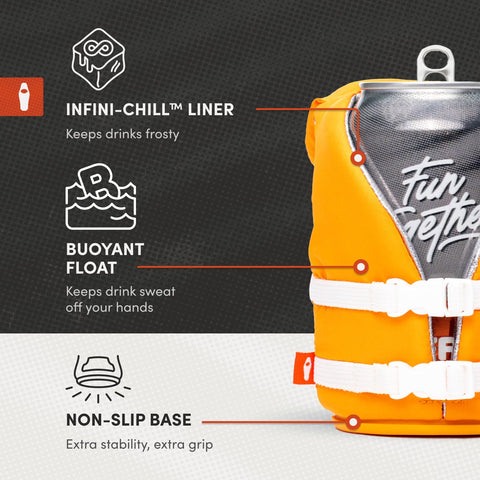 Puffin Buoy Life Vest apricot color on a sunny beach scene