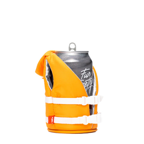 Puffin Buoy Life Vest on a boat with a 12 oz can floating nearby