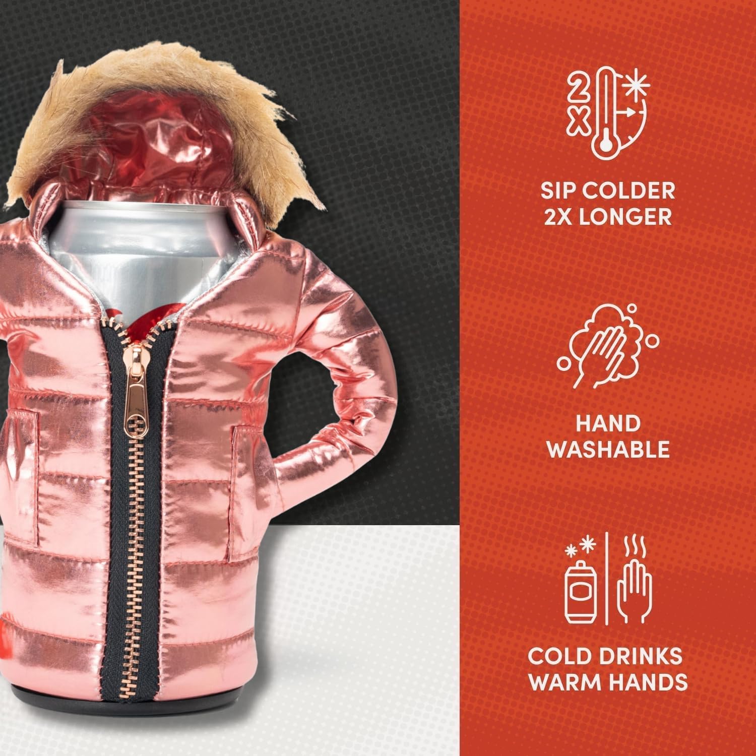 Puffin Pahka faux fur hood detail adds glamorous style to a practical cooler.