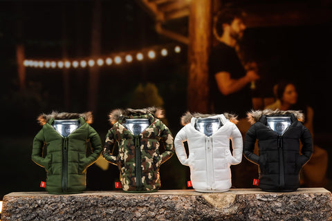 Puffin Pahka beverage parka in use keeps drinks chilled during outdoor gatherings.