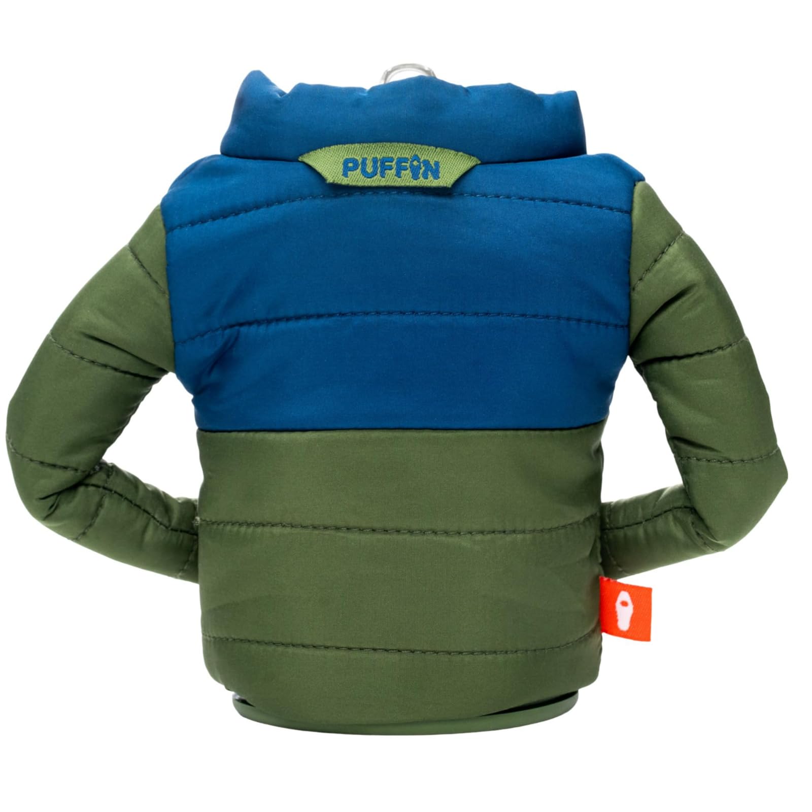 Puffin Puffy Jacket Sailor Blue on a can keeps drinks cold outdoors
