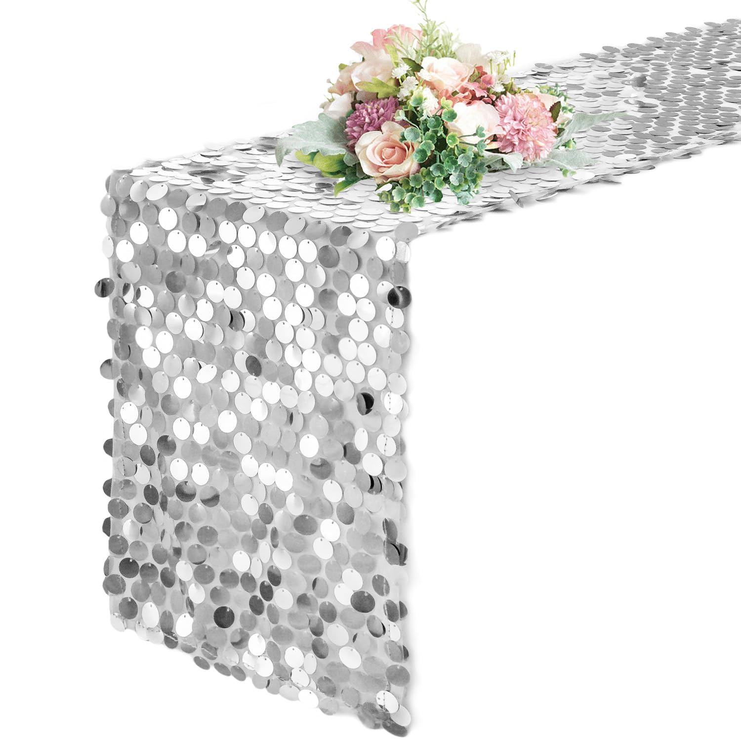 Pufogu bridal shower table runner featuring cascading silver sequins for elegance