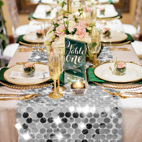Pufogu cascading silver sequin runner on mesh fabric for banquets