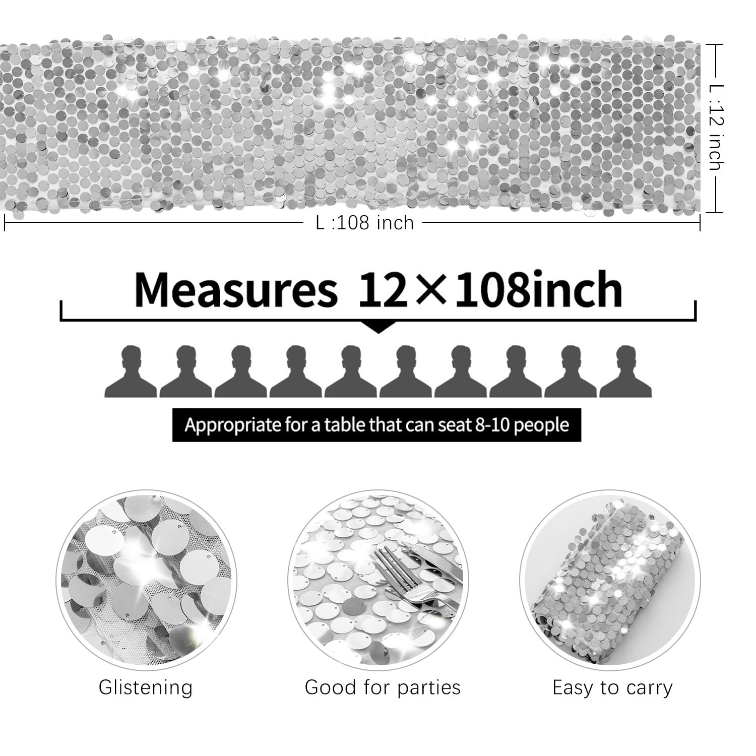 Pufogu holiday table runner with bright silver sequins for festive decor