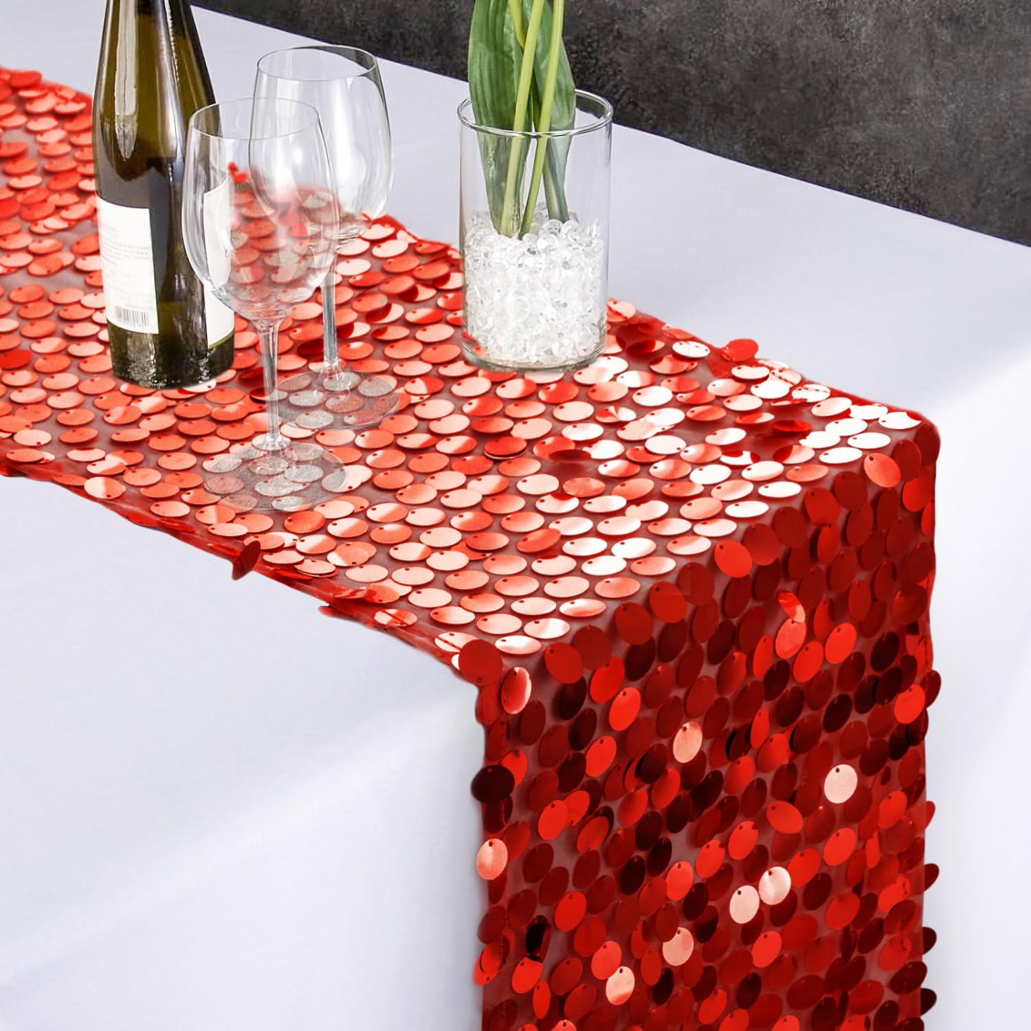 Banquet table setup featuring Pufogu red sequin runner