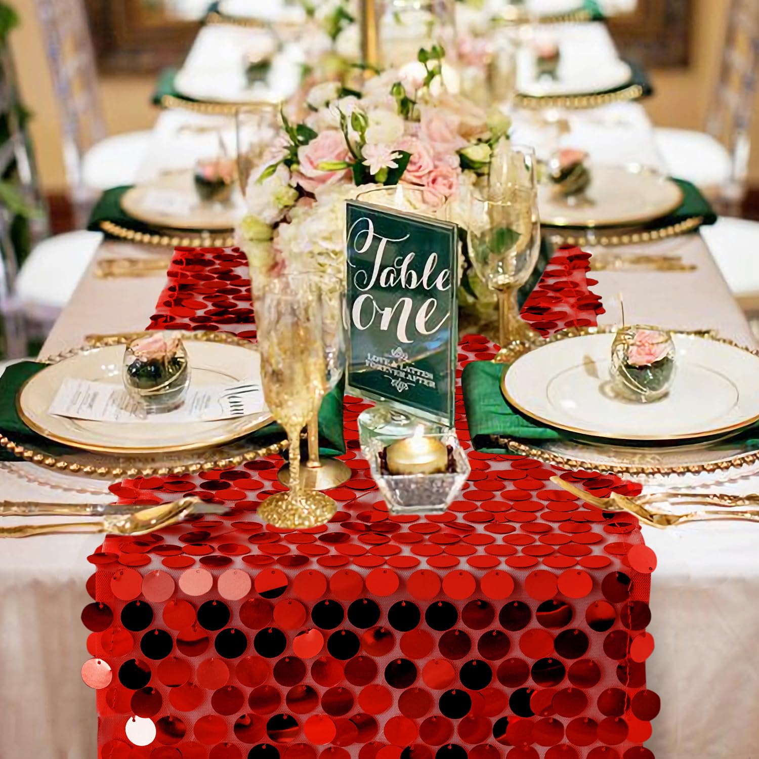 Closeup of Pufogu sequin table runner red sequins for luxe texture