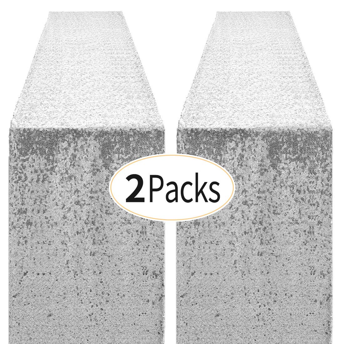 Pufogu silver sequin table runner 12x72 inches on a festive table.