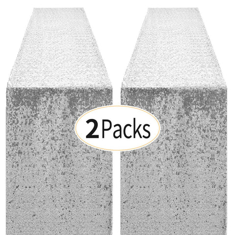 Pufogu silver sequin table runner 12x72 inches on a festive table.