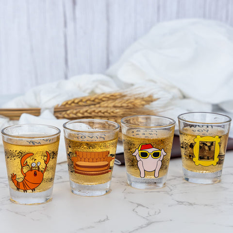 PuGez Friends shot glasses with iconic quotes, perfect for home decor and celebrations.