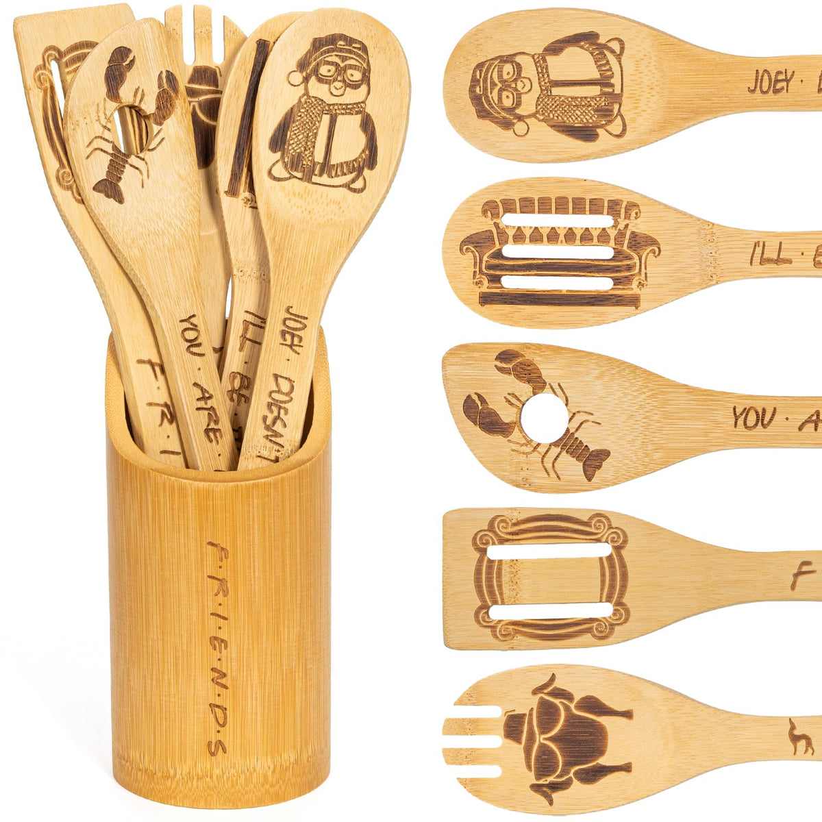 PuGez Friends wooden spoons set with holder for easy counter organization.