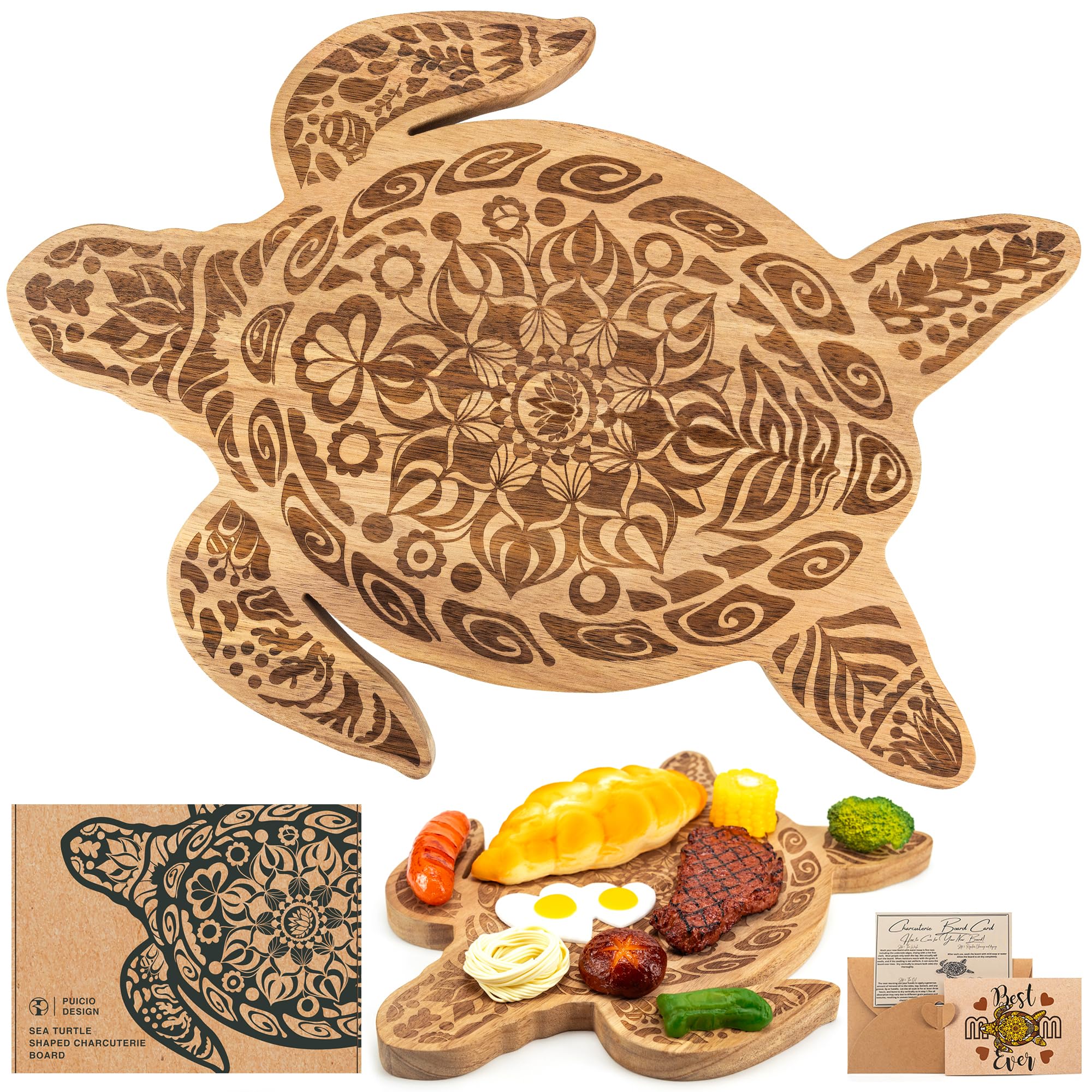 PUICIO Sea Turtle Charcuterie Board in acacia wood, ideal for stylish entertaining.