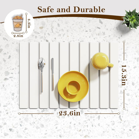 Pukaock diatomaceous earth mat absorbs spills quickly for spotless dishes.