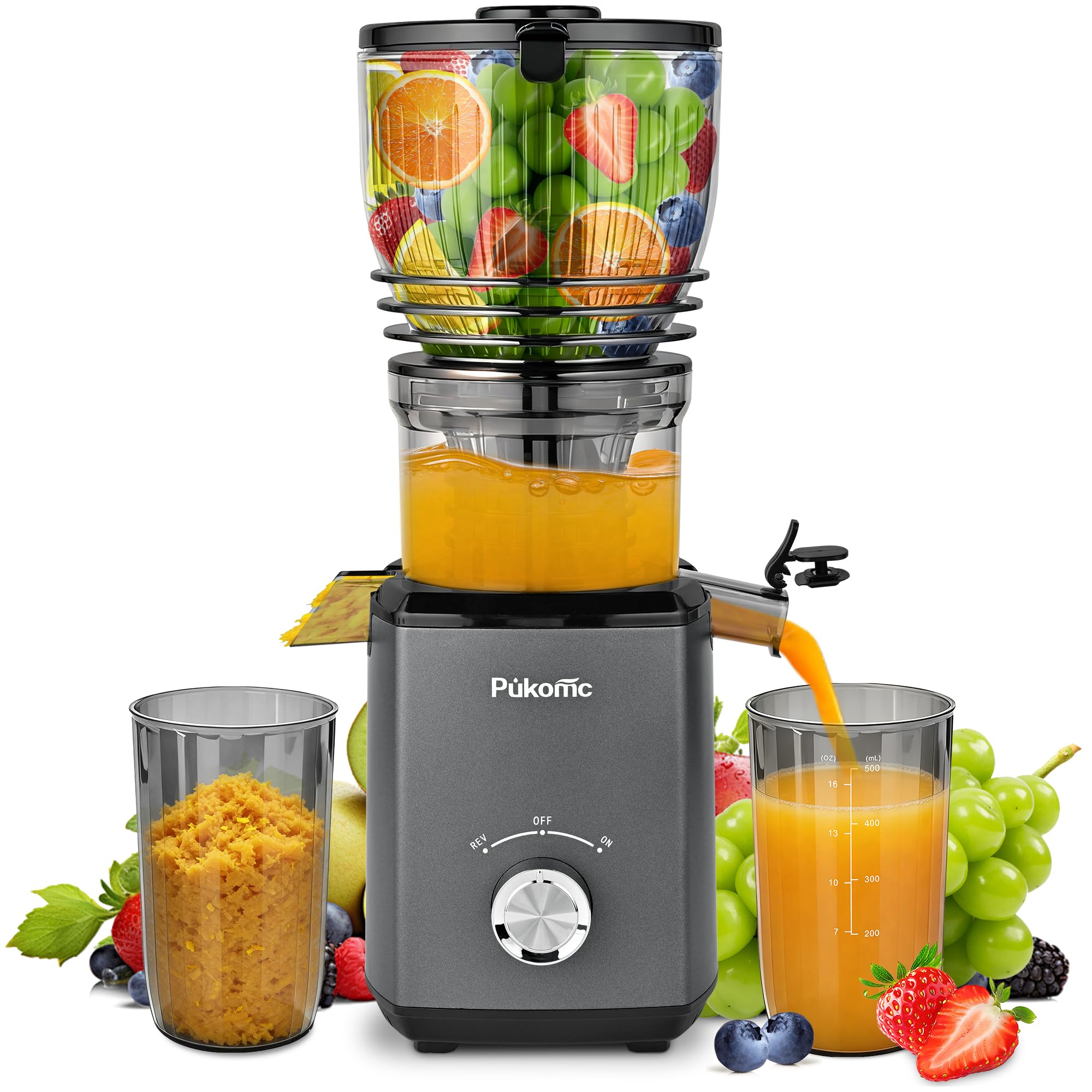 Pukomc Cold Press Juicer with 5.8-inch inlet enables easy whole-fruit loading.