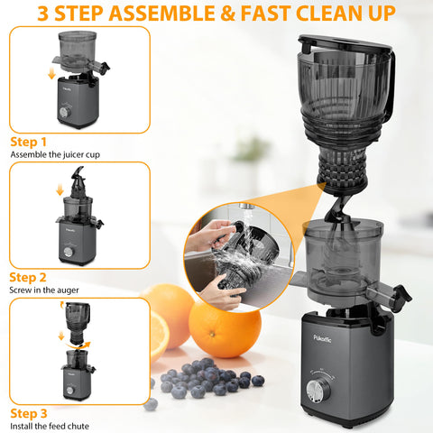 Pukomc dual-filtration image highlighting smoother juice with less pulp.