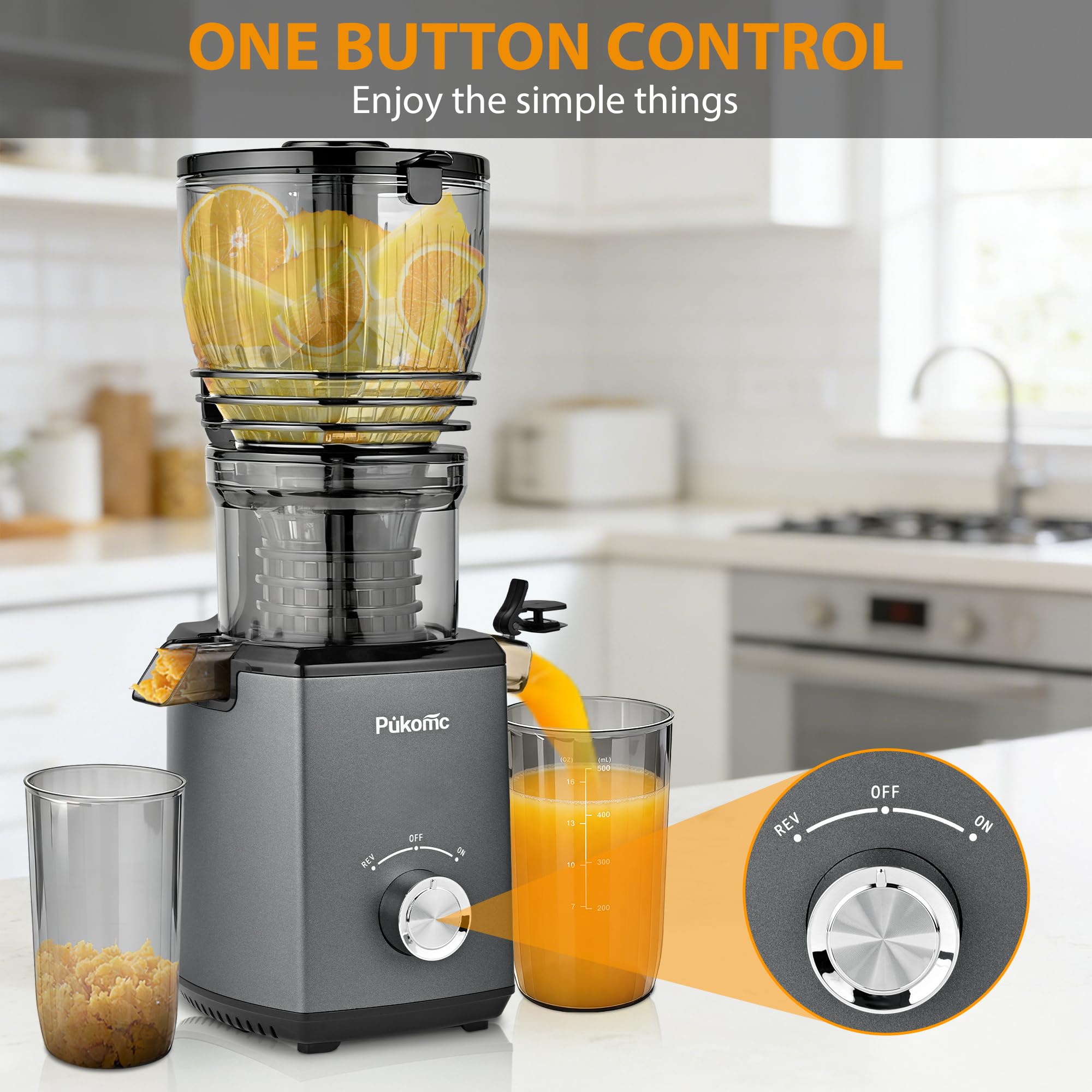 Pukomc Cold Press Juicer in gray finish suitable as a giftable kitchen appliance.