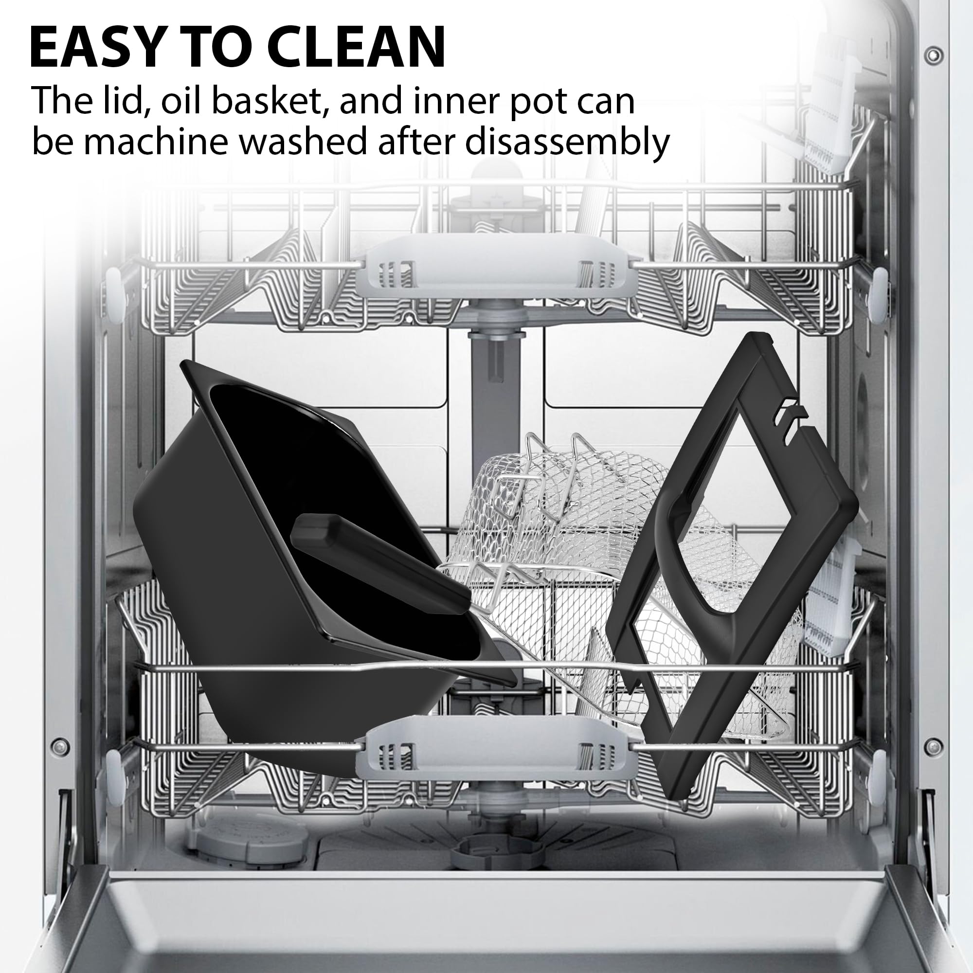 Pukomc enamel oil tank cleans easily and dishwasher-safe components.
