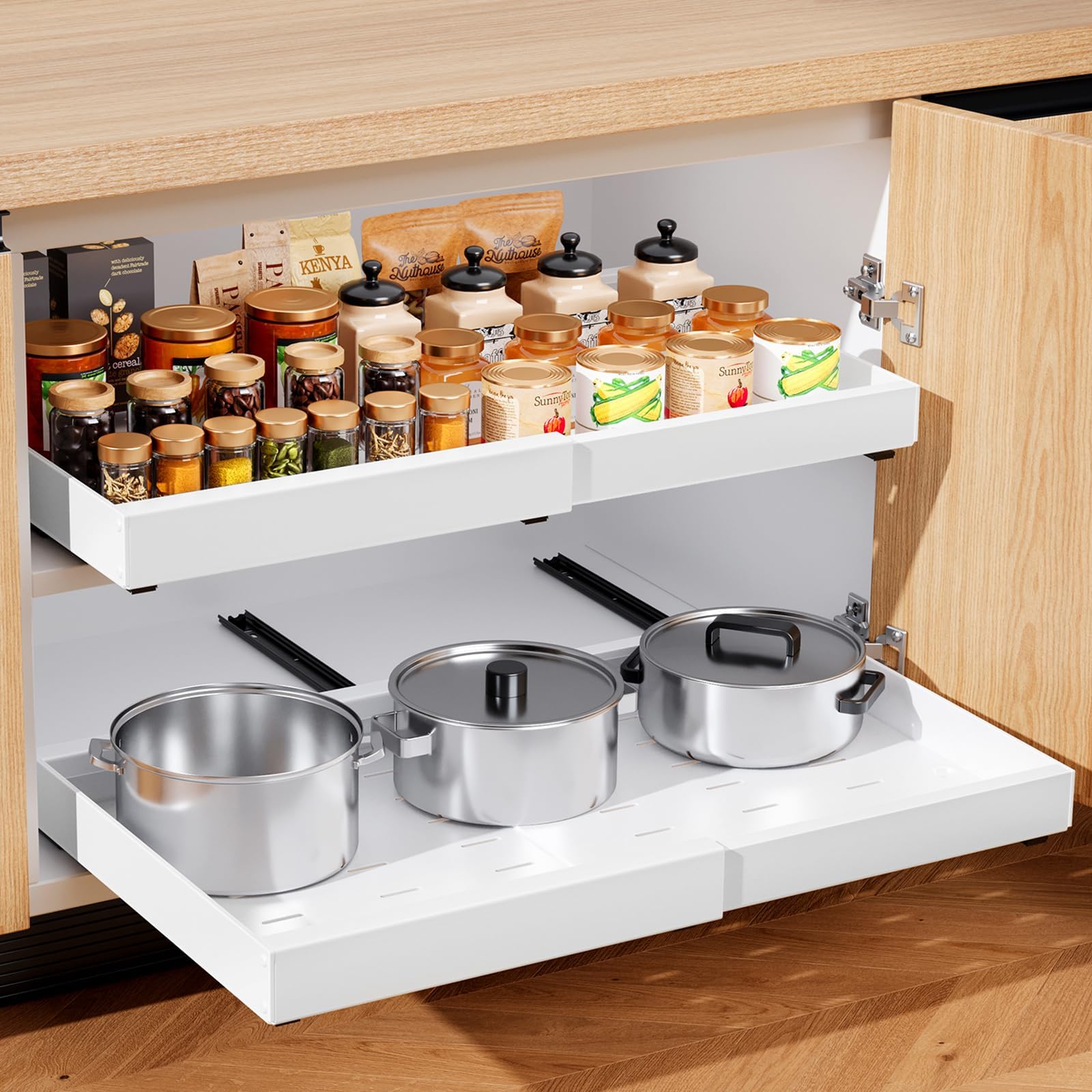 Pull-out cabinet drawer 21inch deep in white for easy access to pots and pans.
