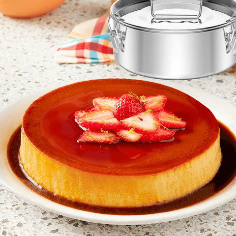 Puluru flan pan with three 120-degree locks ensuring tight sealing during cooking.