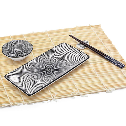Pumtus rectangular sushi plates stabilize servings for neat presentation.