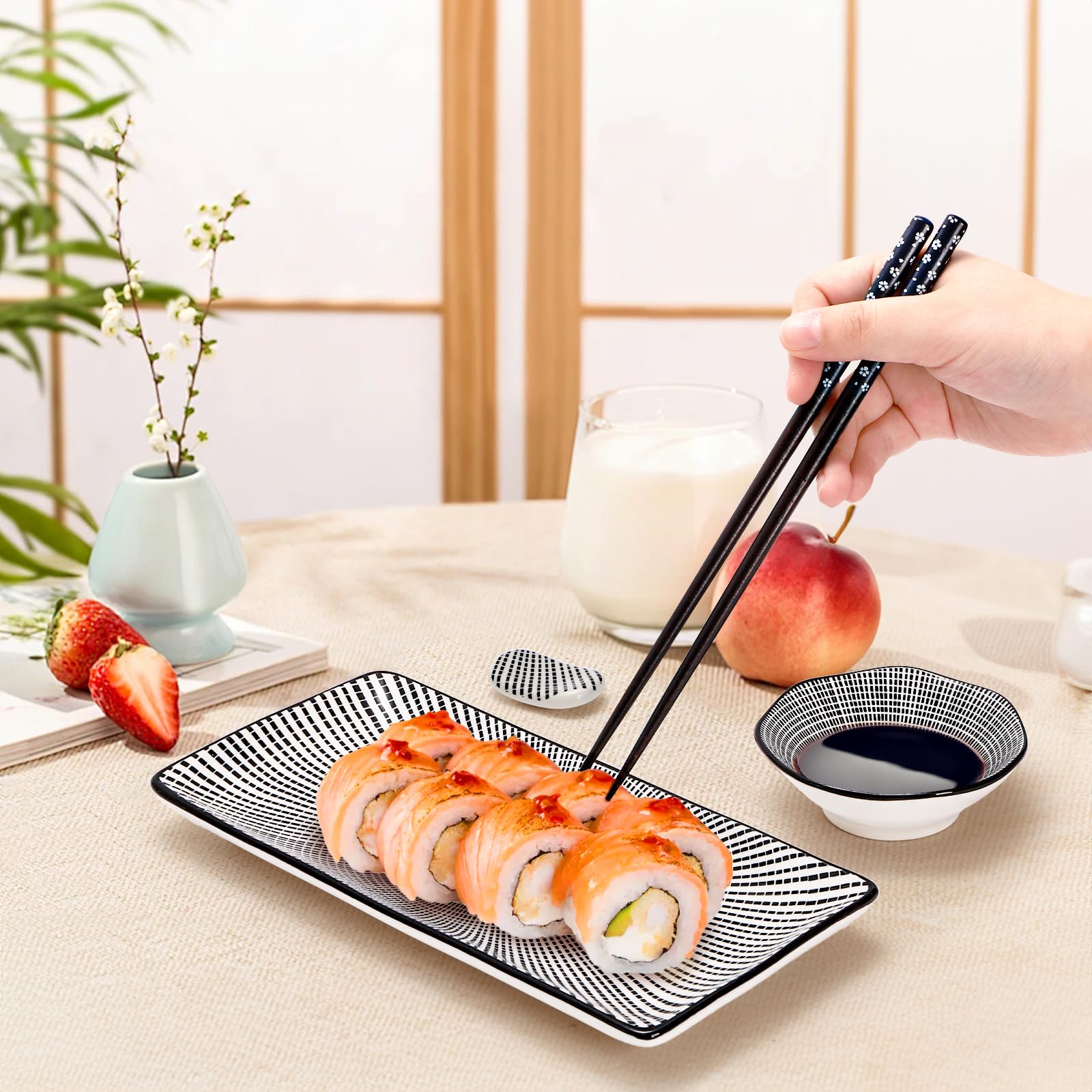 Pumtus black line pattern design enhances contemporary sushi style.