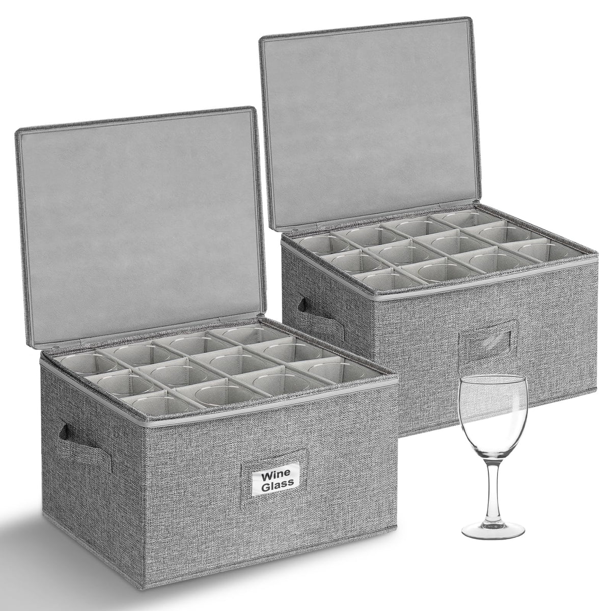 Punemi wine glass storage box with hard bottom protects delicate glassware during moves