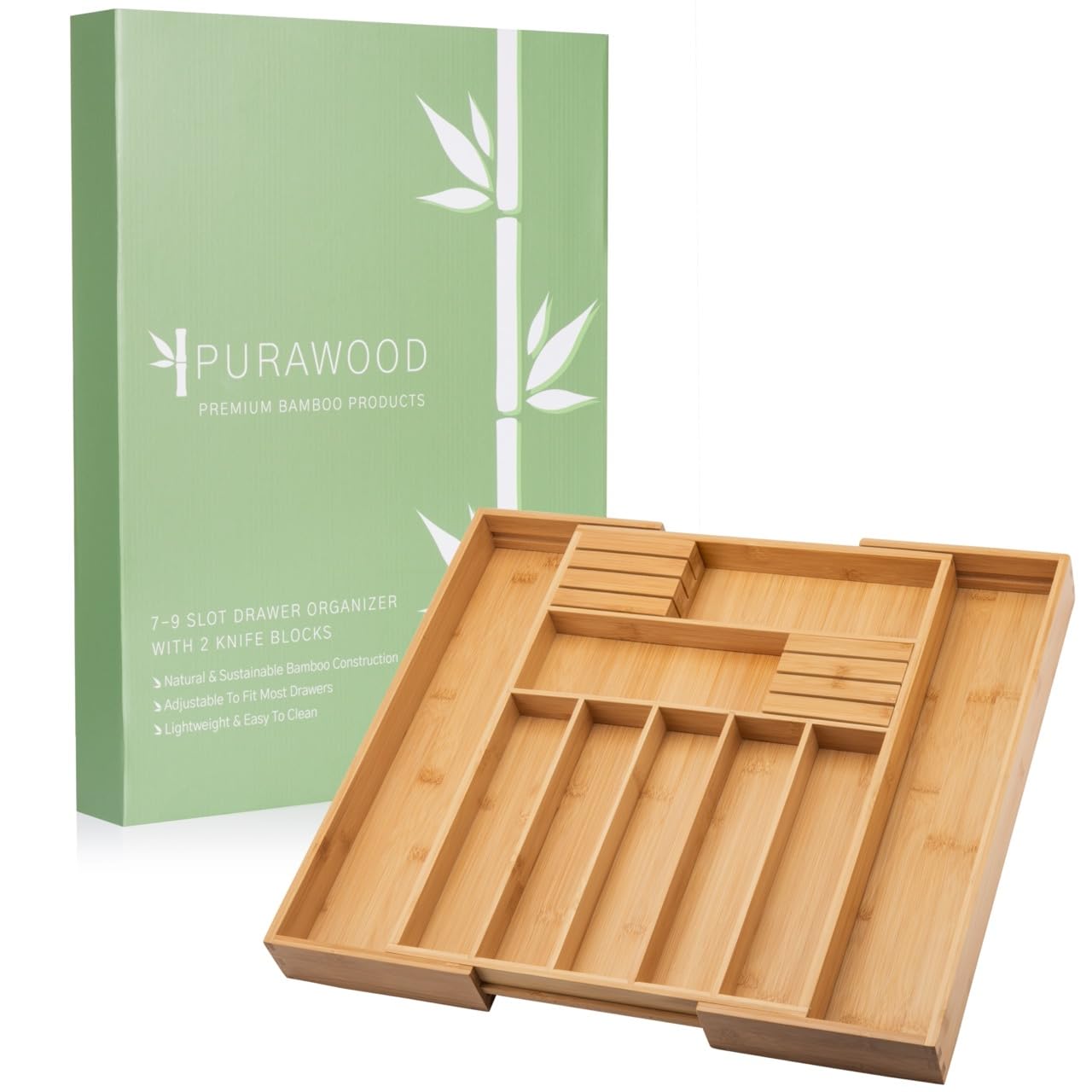 Purawood expandable 7-to-9 slot organizer demonstrates flexible storage for flatware.
