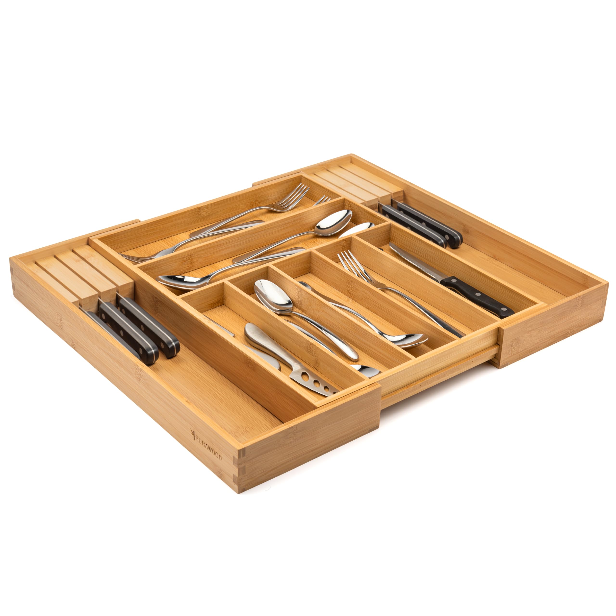 Purawood organizer with extra compartments supports organizing utensils, office supplies, or jewelry.