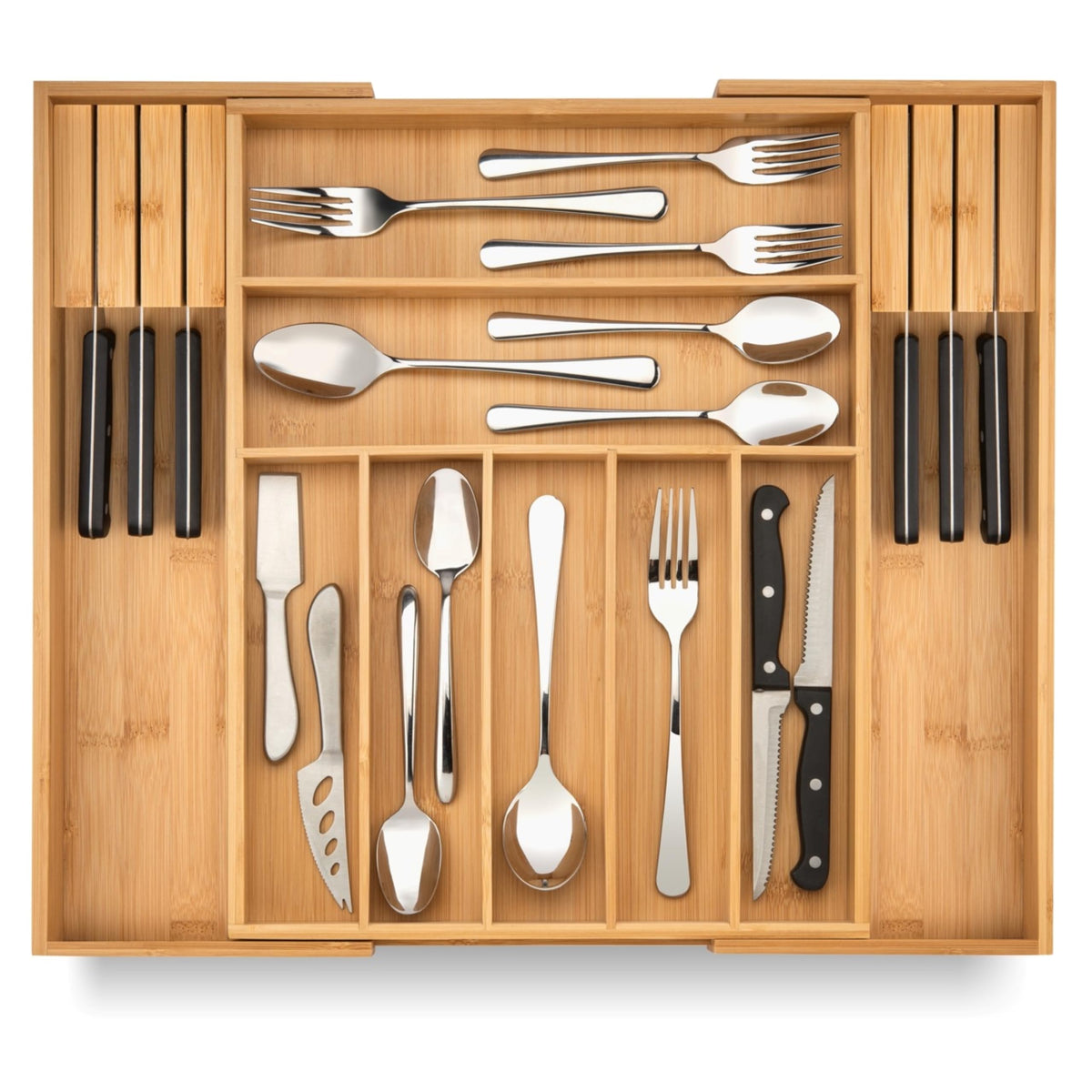 Purawood bamboo drawer organizer with knife blocks keeps utensils neatly organized.