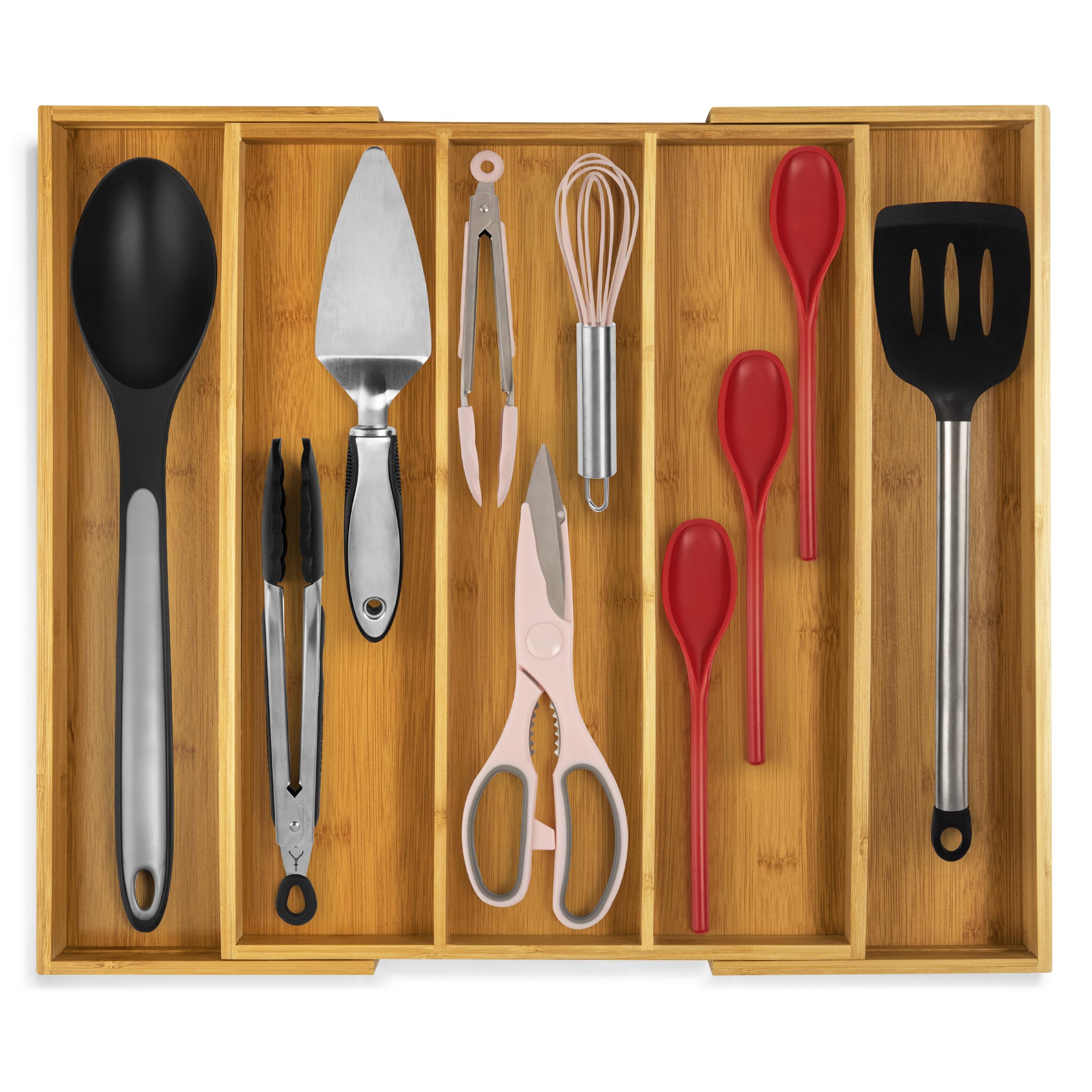 Purawood expandable drawer organizer with 3–5 slots for utensils.