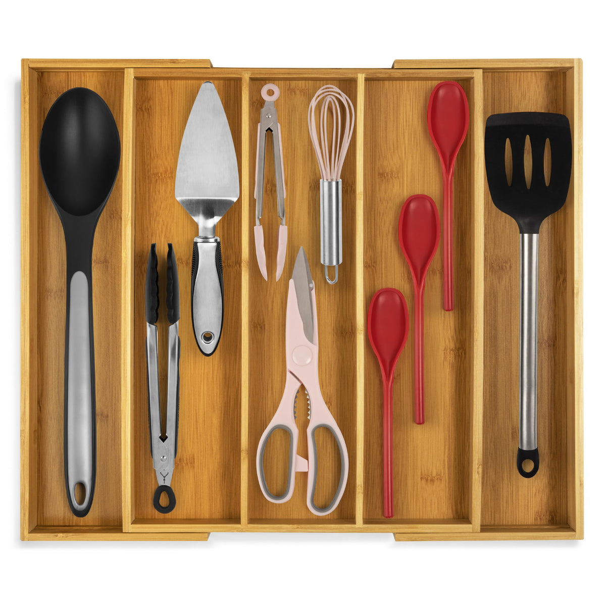 Purawood expandable drawer organizer with 3–5 slots for utensils.
