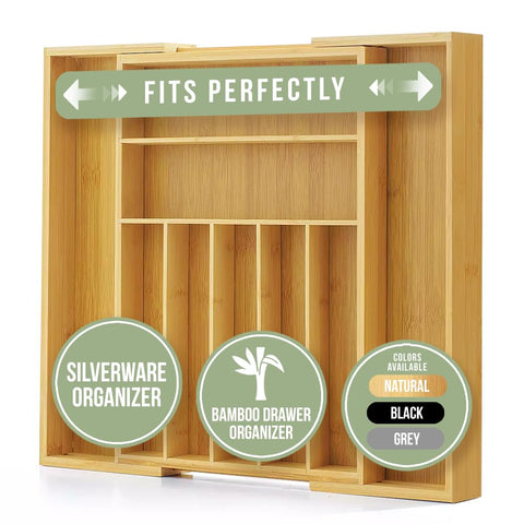 Purawood expandable silverware tray demonstrates flexible capacity for growing utensil sets.