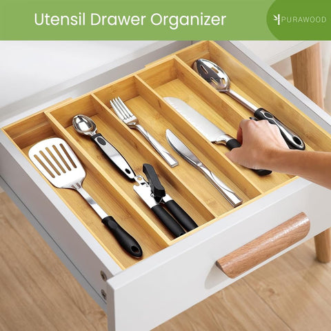 Purawood multi-compartment organizer boosts kitchen order.
