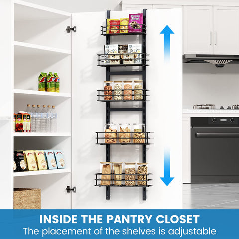 Purdaz over-door spice rack adjustable baskets highlight easy access to jars.