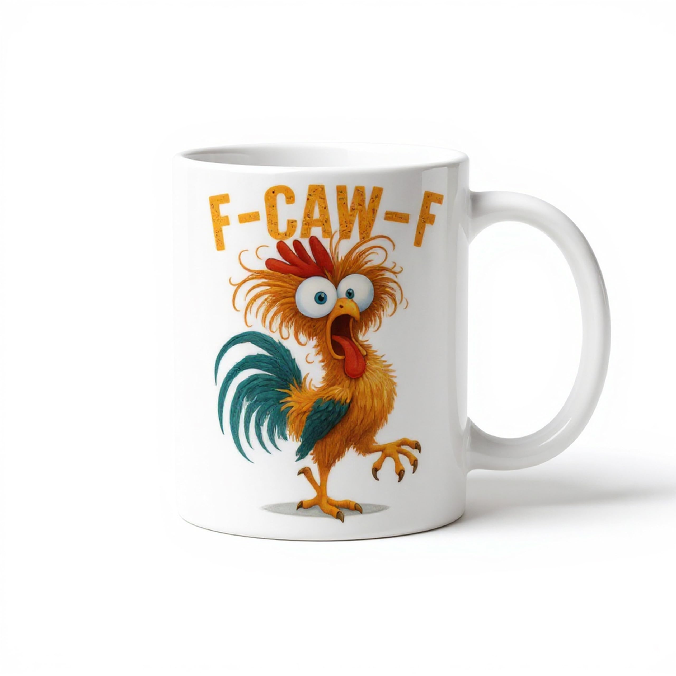 Pure Compression F-Caw-F 11oz mug featuring chicken gag design, ideal for playful mornings and gifts.