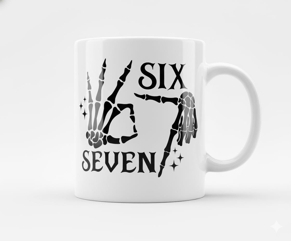 Pure Compression Six Seven Meme Skeleton Mug with skull design for daily coffee humor
