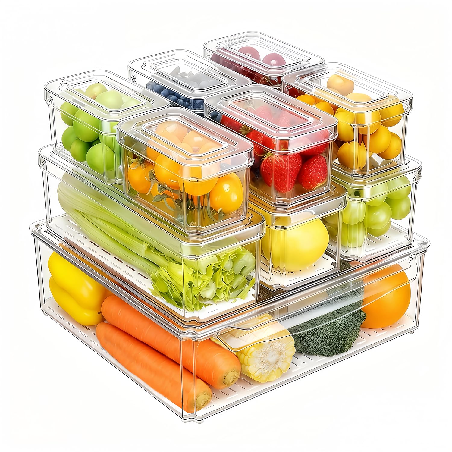 Pure Future 10-pack fridge bins with lids organize snacks and drinks clearly.