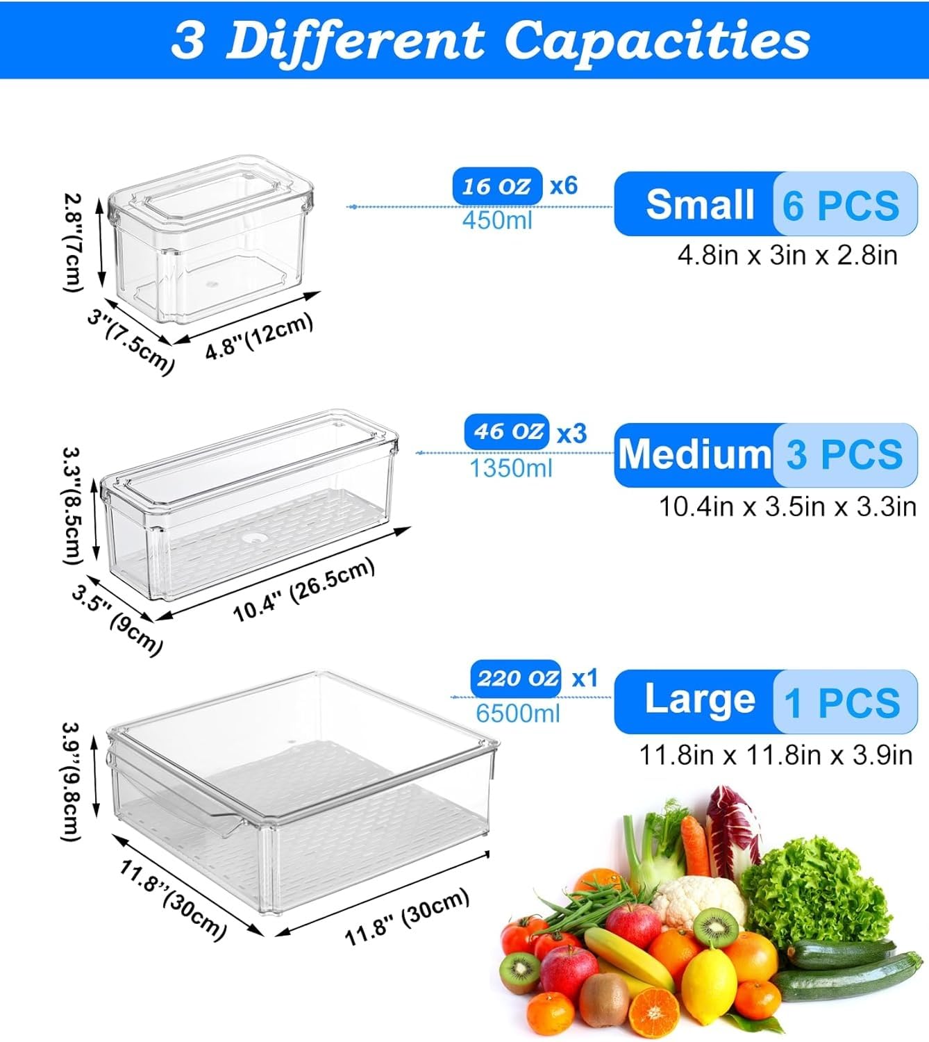 Pure Future large, medium, and small bins neatly store lettuce, drinks, and condiments.