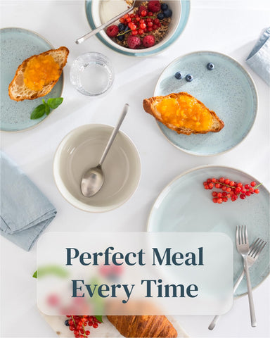 Pure Living beige and light blue colorway enhances casual Mediterranean table setting.