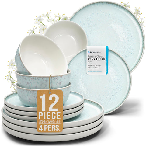 Pure Living stoneware dinner plates in beige and light blue for everyday meals.