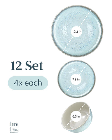 Pure Living stoneware glaze close-up showing warm beige and sky blue tones.