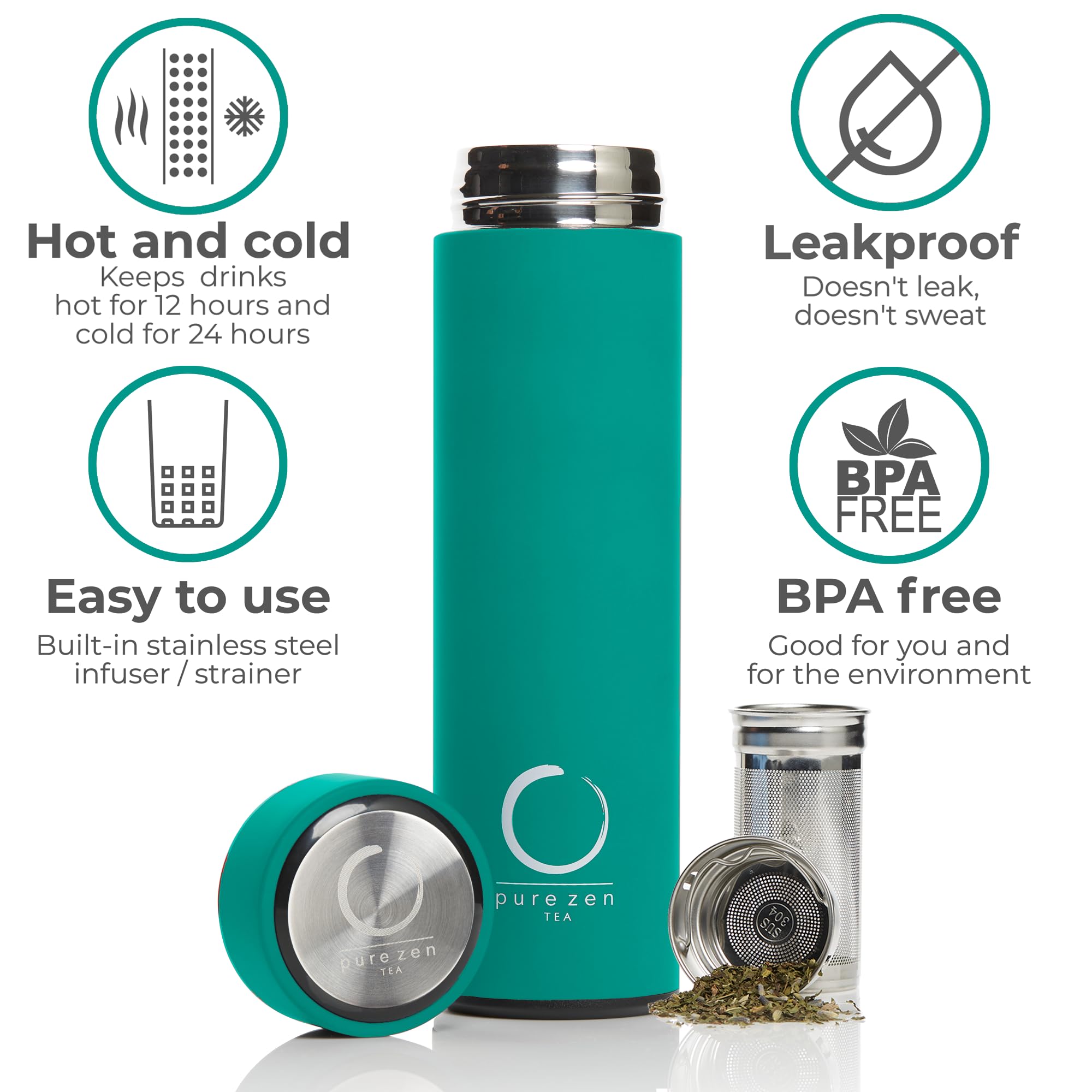 Pure Zen Tea thermos double-wall insulation maintains hot or cold beverages for hours.