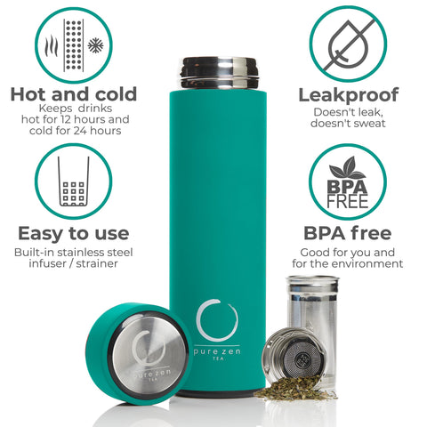 Pure Zen Tea thermos double-wall insulation maintains hot or cold beverages for hours.