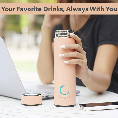Pure Zen Tea thermos in-use with fruit infusion for flavorful beverages