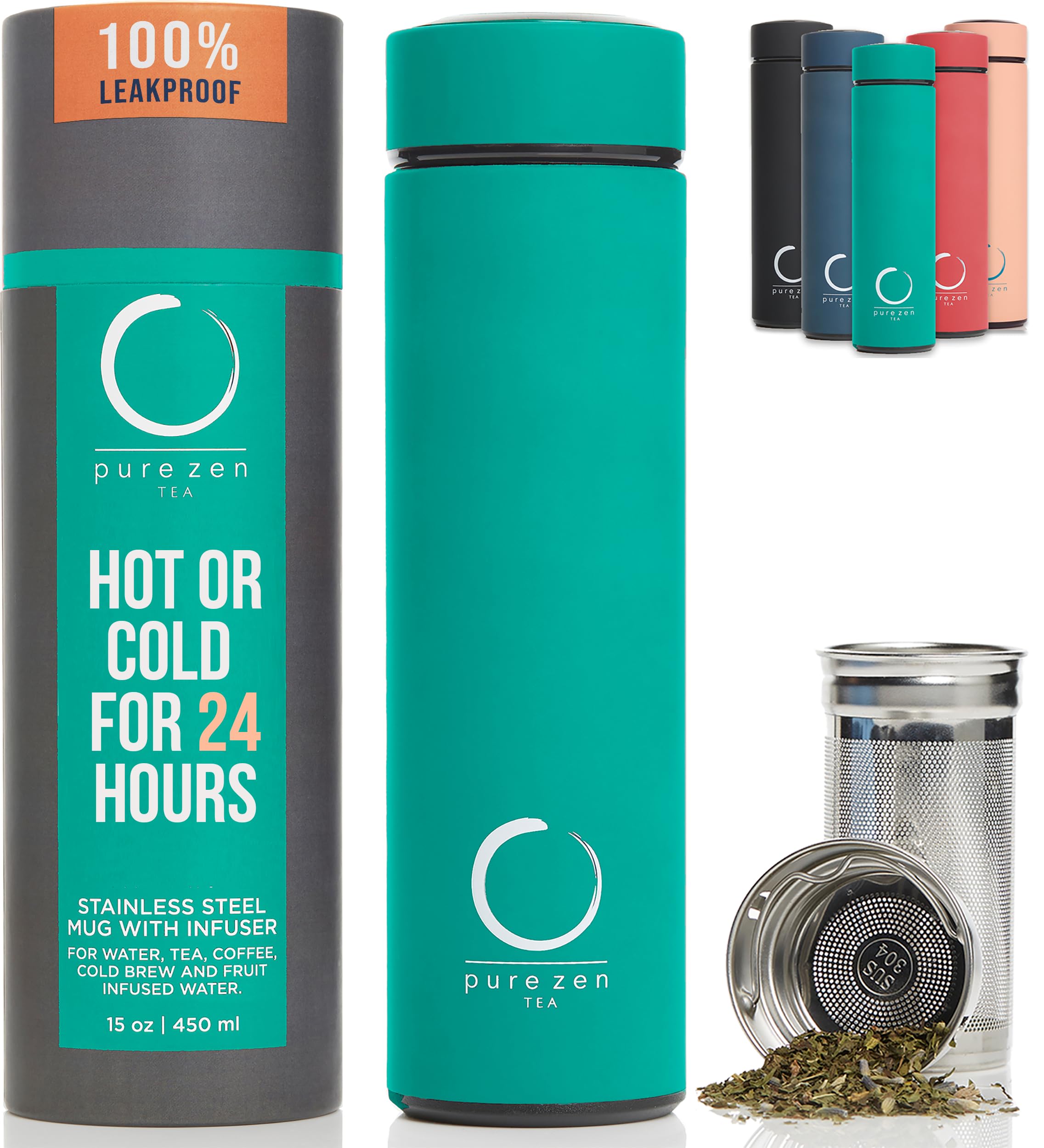 Pure Zen Tea thermos infuser bottle keeps tea hot or cold on the go.