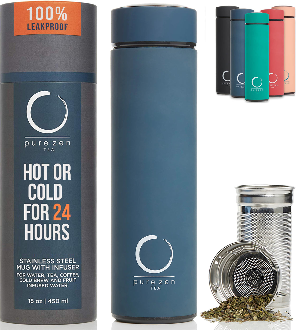 Pure Zen Tea thermos with infuser close-up for rich on-the-go brewing