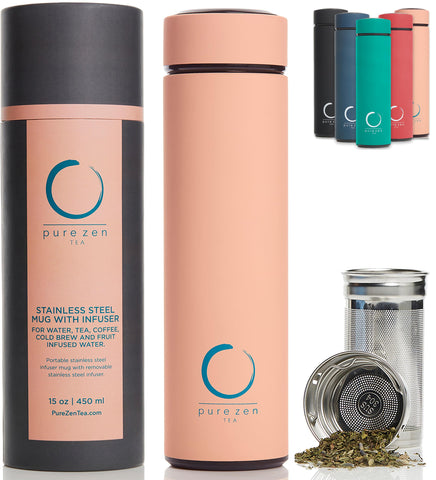 Pure Zen Tea thermos front view showing pink bottle ready for hot or cold infusions