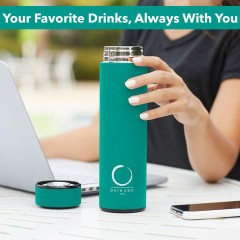Pure Zen Tea thermos large infuser delivers robust flavors by fully submerging leaves.