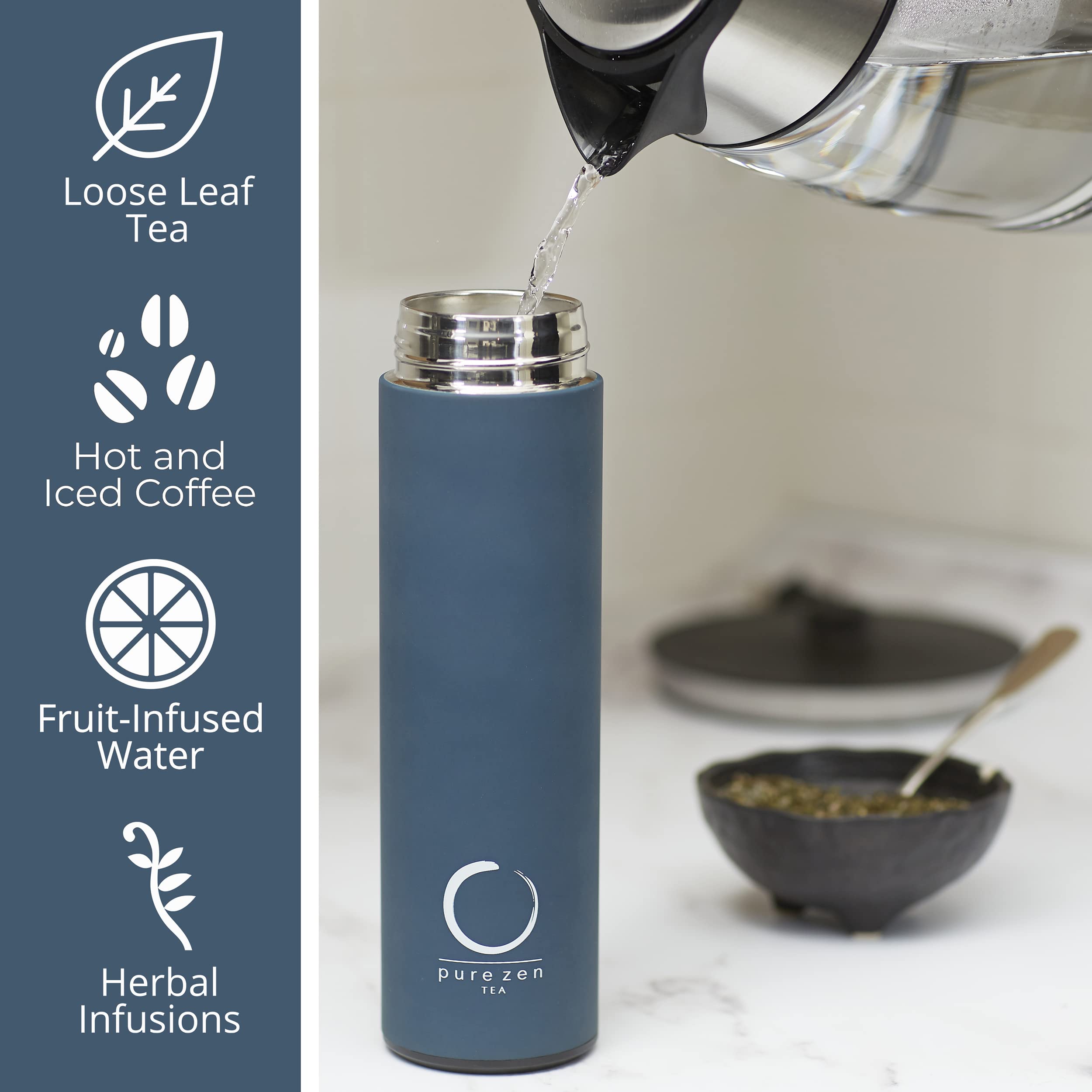 Pure Zen Tea thermos leakproof cap prevents spills while traveling