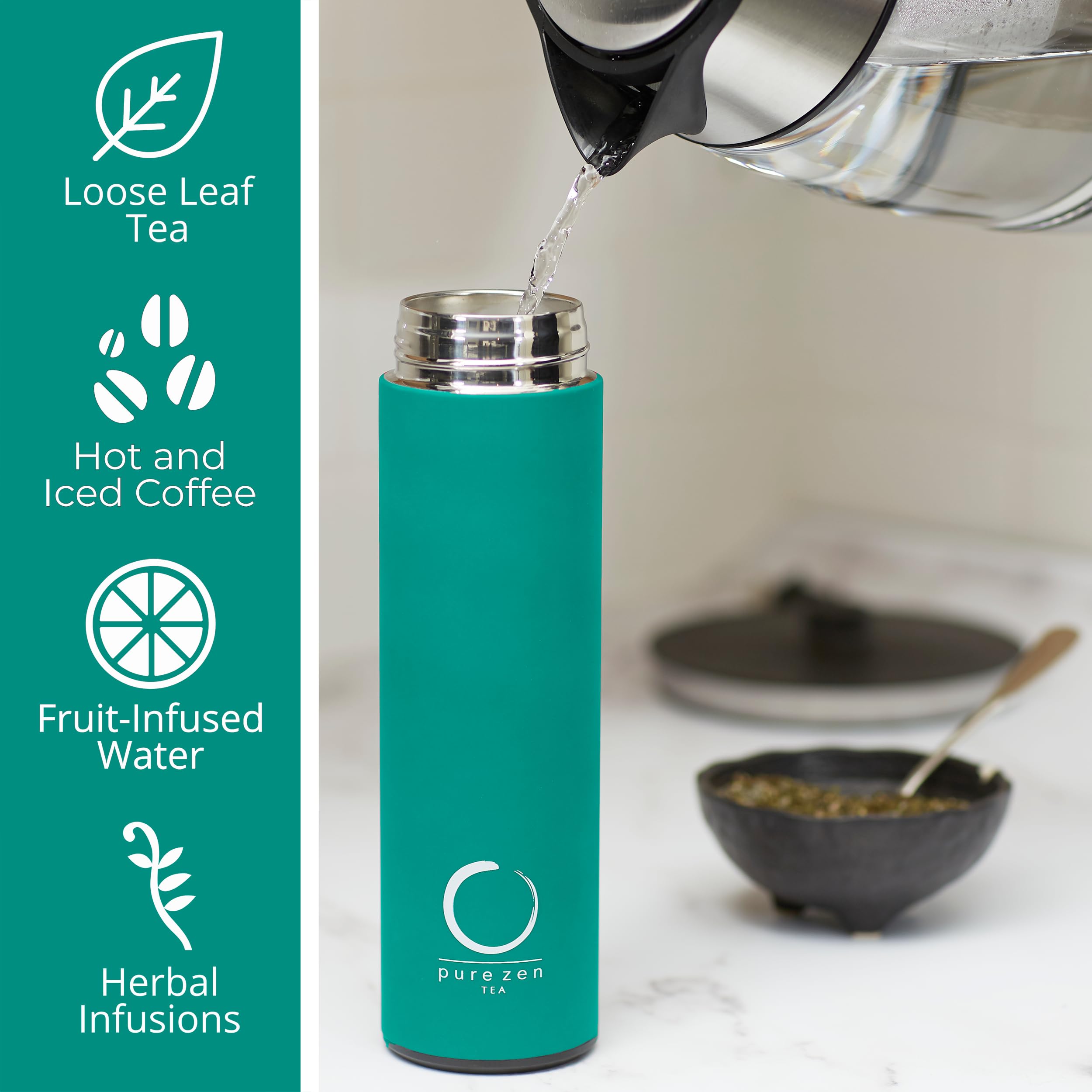 Pure Zen Tea thermos stainless-steel body resists rust and staining during daily use.